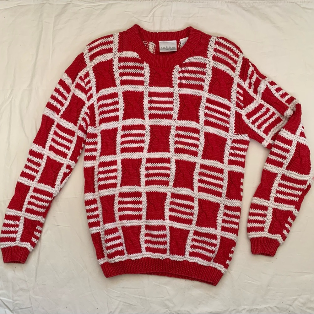 Nordstrom Town Square Red White Pullover Sweater Cable Knit Medium